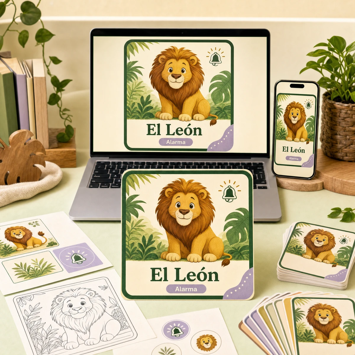Mockup del card visual El León en notebook y celular