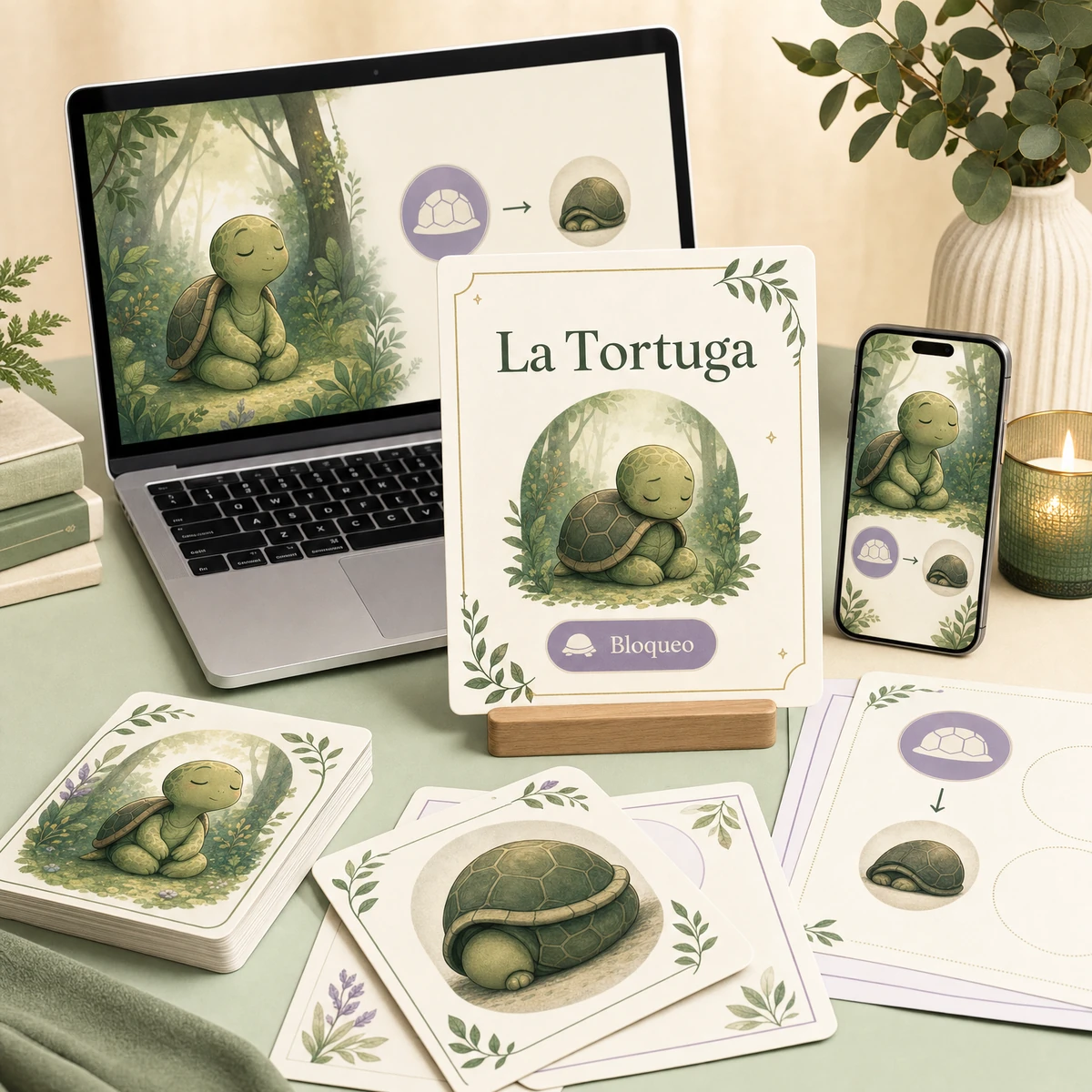 Mockup del card visual La Tortuga en notebook y celular