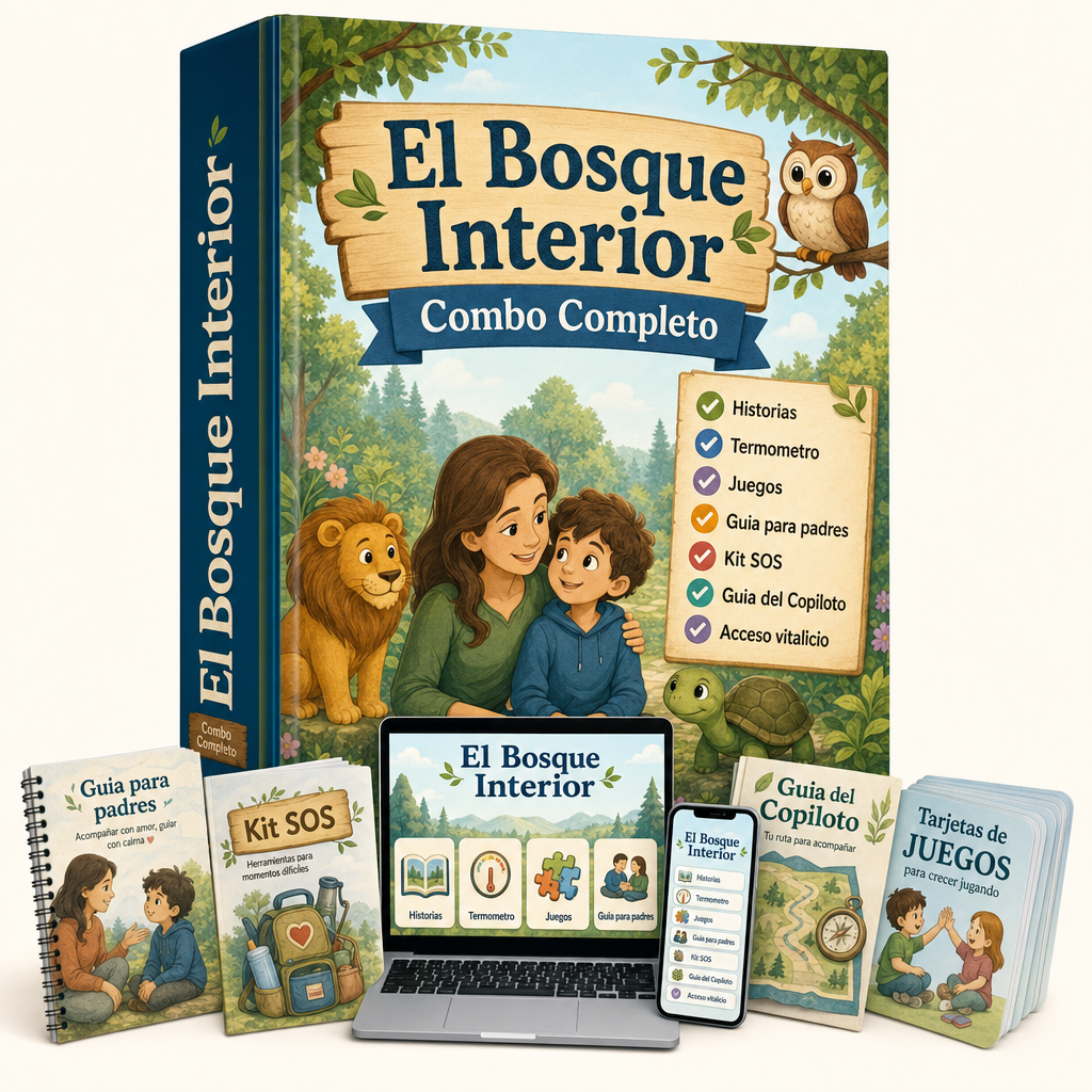 Pack completo de El Bosque Interior con cuaderno, laptop, celular y materiales imprimibles